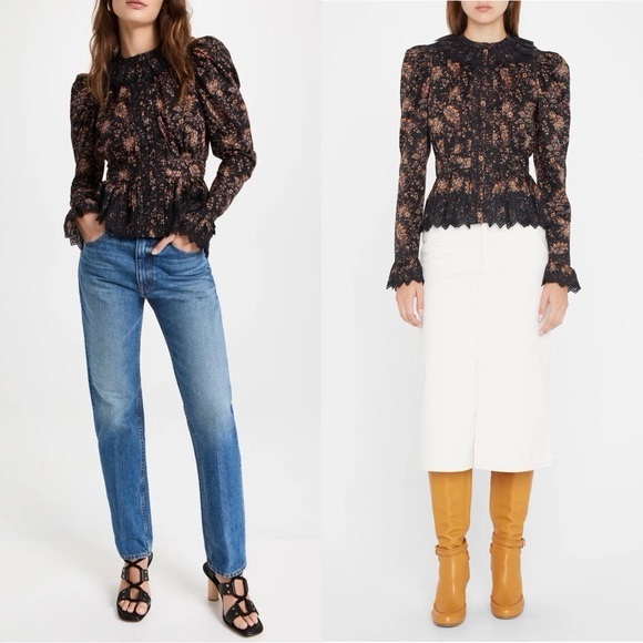 NWT ULLA JOHNSON Brigitte Puff Sleeve Peplum Blouse in Minuit Floral Print - Picture 4 of 12